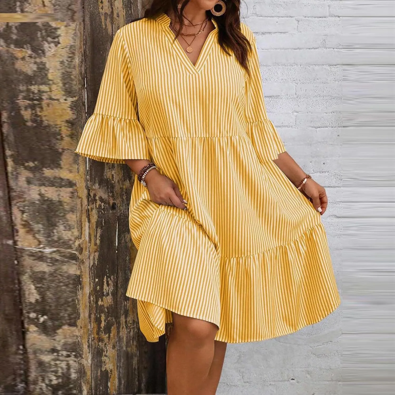 Women's Plus Size Dresses for Curvy Summer Striped Loose Short Sleeve V Neck Layered Ruffle Hem Midi Dress