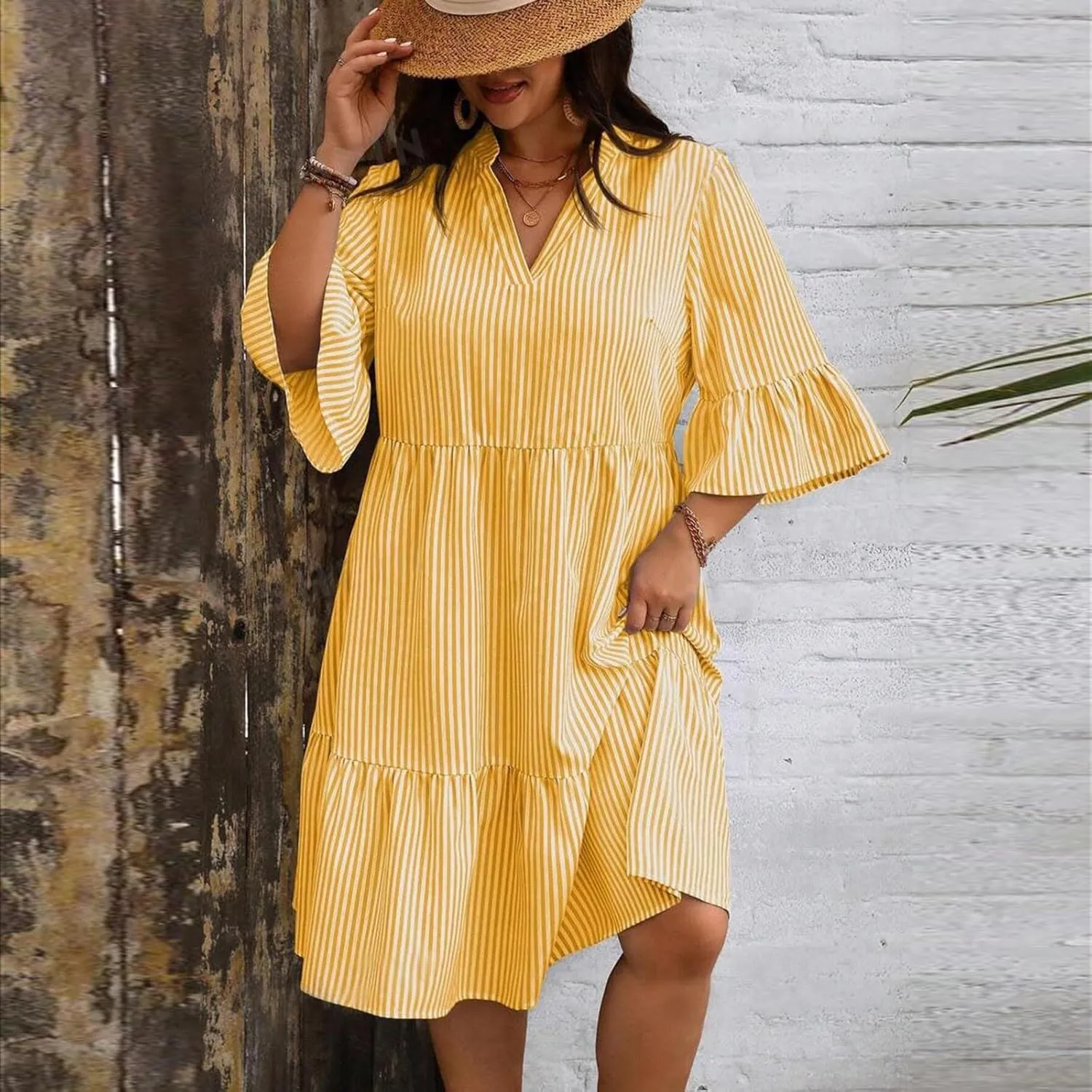 Women's Plus Size Dresses for Curvy Summer Striped Loose Short Sleeve V Neck Layered Ruffle Hem Midi Dress