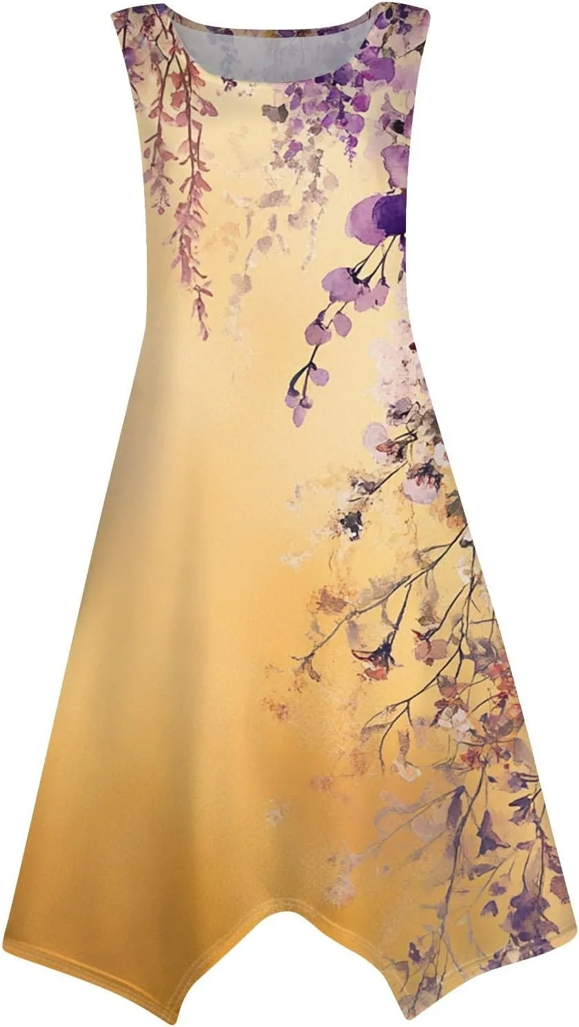 Women's Round Neck Sleeveless Tank Sundresses 2025 Floral Print Irregular Hem Midi Dress, S-2XL
