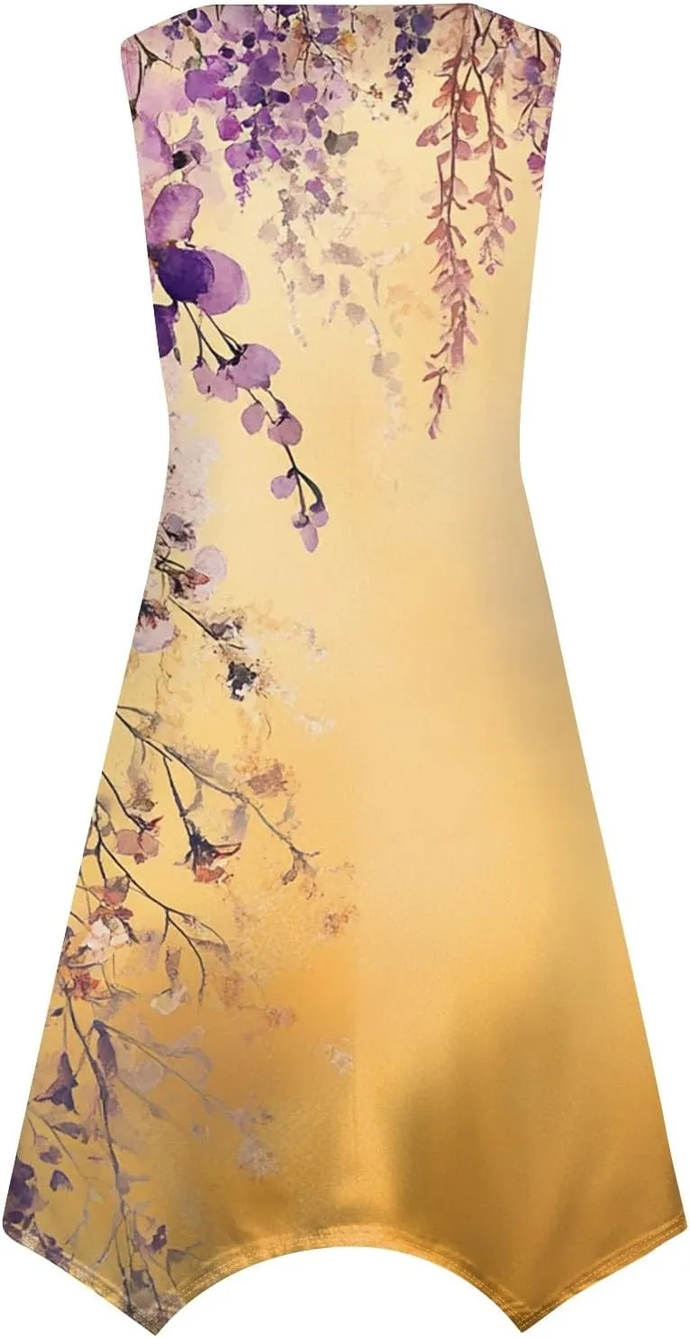 Women's Round Neck Sleeveless Tank Sundresses 2025 Floral Print Irregular Hem Midi Dress, S-2XL