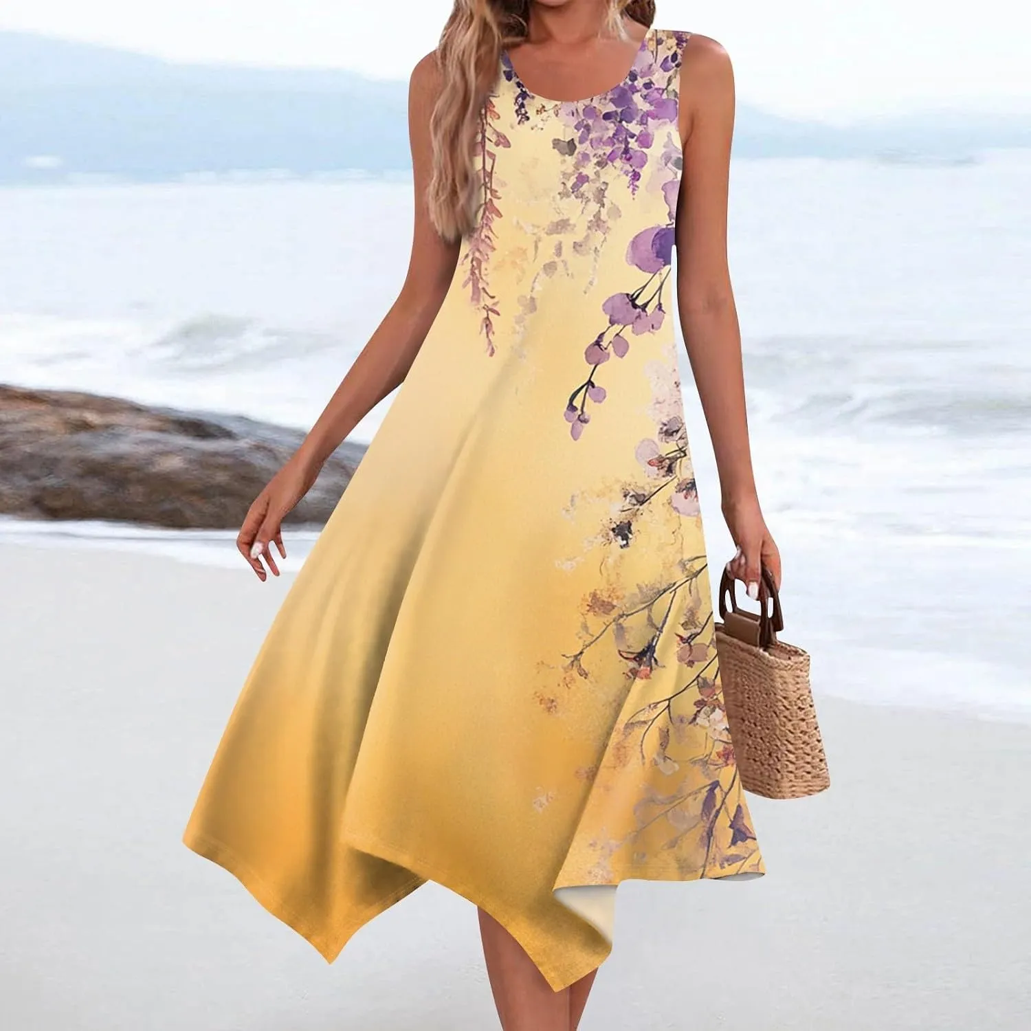 Women's Round Neck Sleeveless Tank Sundresses 2025 Floral Print Irregular Hem Midi Dress, S-2XL