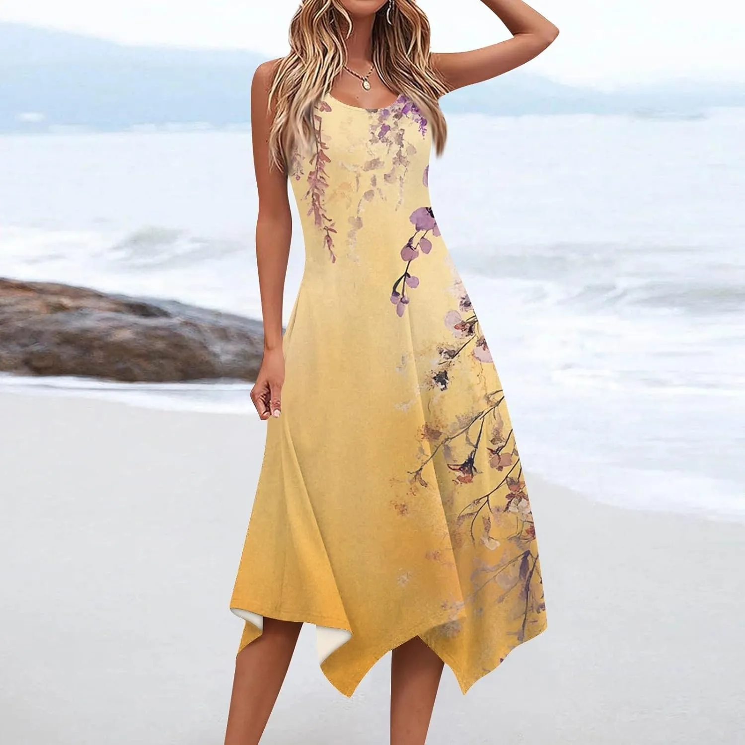 Women's Round Neck Sleeveless Tank Sundresses 2025 Floral Print Irregular Hem Midi Dress, S-2XL
