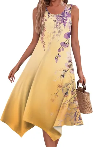 Women's Round Neck Sleeveless Tank Sundresses 2025 Floral Print Irregular Hem Midi Dress, S-2XL