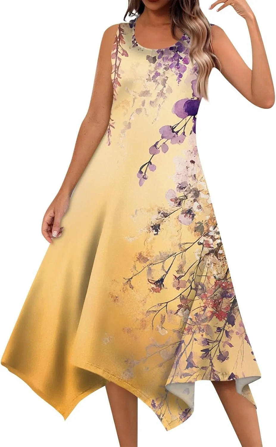 Women's Round Neck Sleeveless Tank Sundresses 2025 Floral Print Irregular Hem Midi Dress, S-2XL
