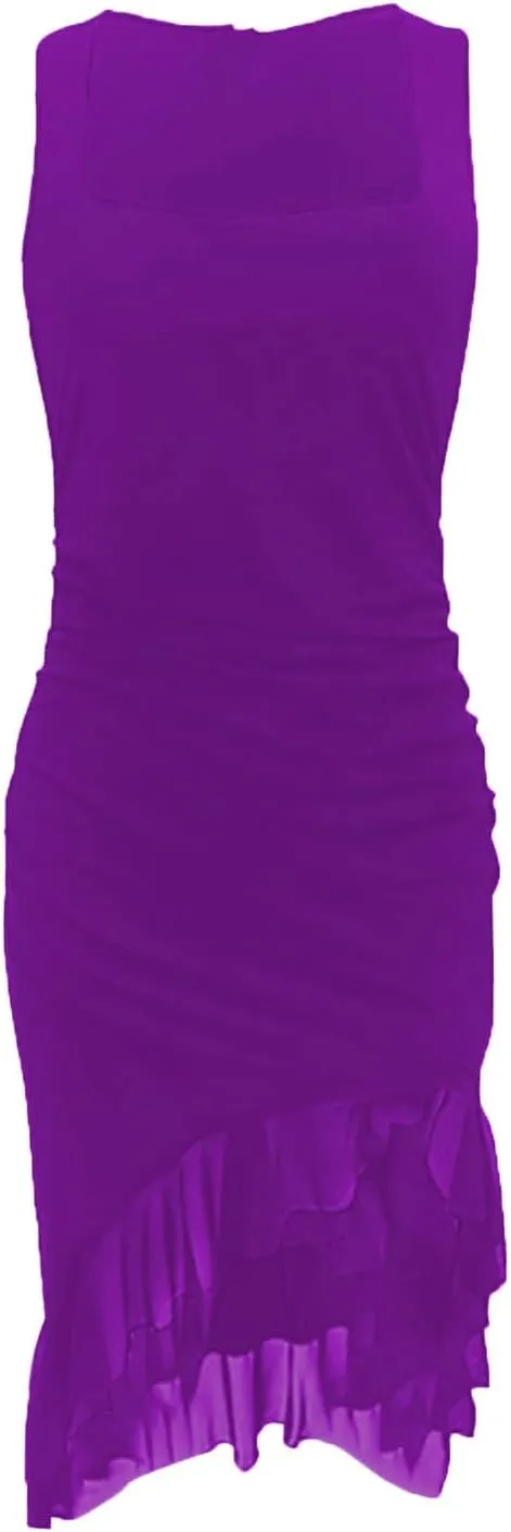 Women's Sexy Ruched Bodycon Midi Dresses Sleeveless Square Neck Ruffle Hem Cocktail Party Tank Dress Clubwear Gowns