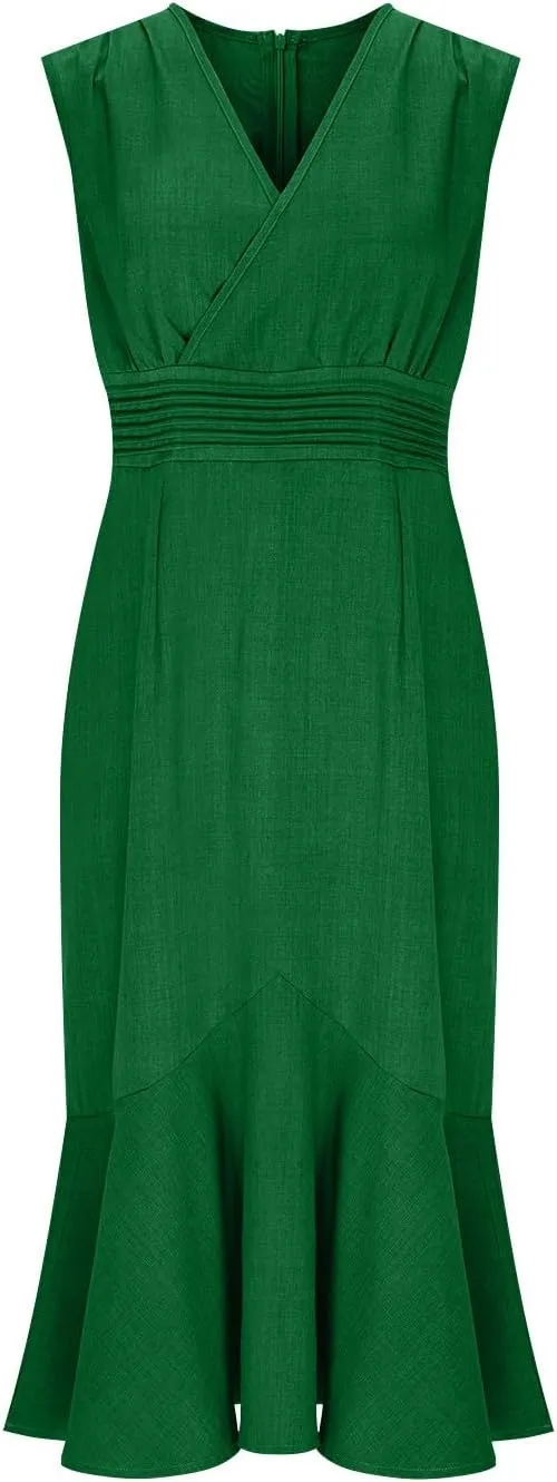 Women's Sleeveless V-Neck Fishtail Midi Dress Wrap Ruched Solid A-line High Waist Bodycon Mermaid Dresses Elegant
