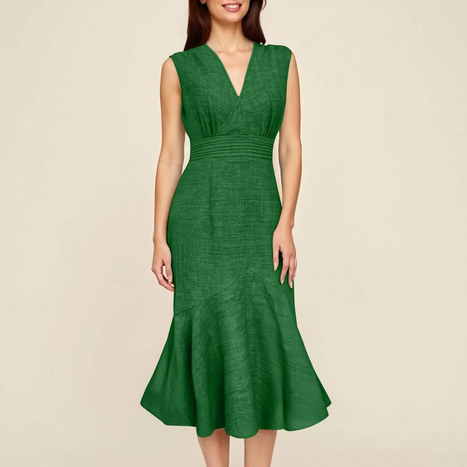 Women's Sleeveless V-Neck Fishtail Midi Dress Wrap Ruched Solid A-line High Waist Bodycon Mermaid Dresses Elegant