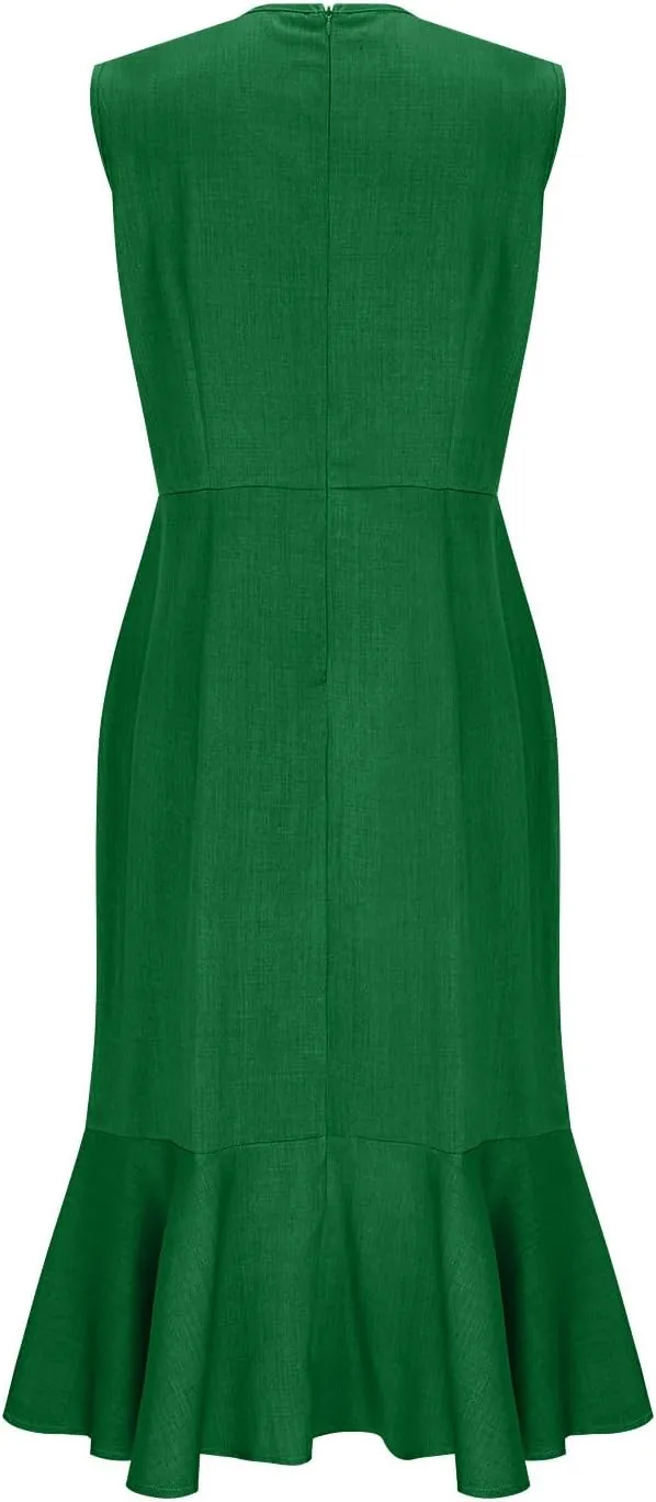 Women's Sleeveless V-Neck Fishtail Midi Dress Wrap Ruched Solid A-line High Waist Bodycon Mermaid Dresses Elegant