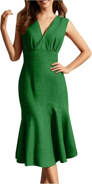 Women's Sleeveless V-Neck Fishtail Midi Dress Wrap Ruched Solid A-line High Waist Bodycon Mermaid Dresses Elegant