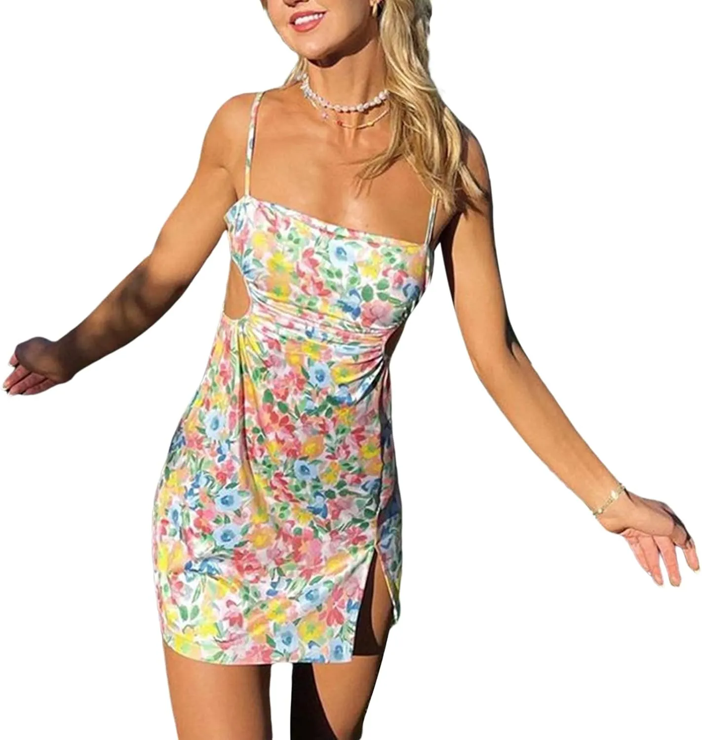 Women's Sparkly Floral Mini Dress Low-Cut Spaghetti Strap Backless Sexy Bodycon Dress Cocktail Club Party Sleeveless Dresses