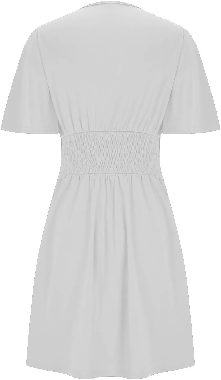 Womens Summer Dresses Ruffle Short Sleeve Wrap V Neck Ruched Waist Pleated A Line Short Mini Dress for Cocktail Party