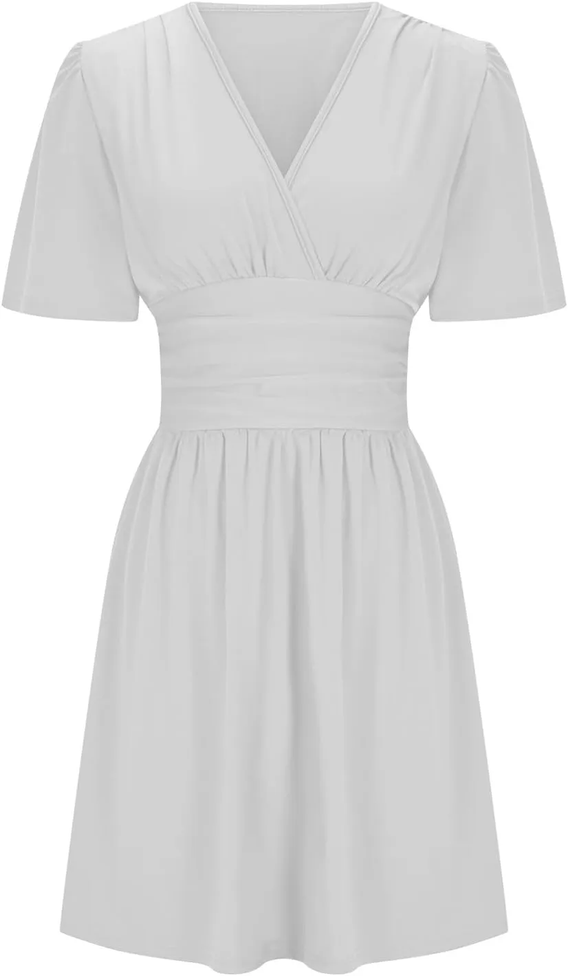 Womens Summer Dresses Ruffle Short Sleeve Wrap V Neck Ruched Waist Pleated A Line Short Mini Dress for Cocktail Party