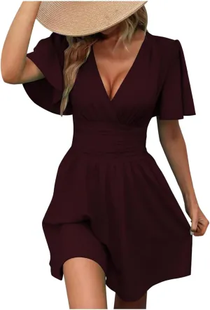 Womens Summer Dresses Ruffle Short Sleeve Wrap V Neck Ruched Waist Pleated A Line Short Mini Dress for Cocktail Party