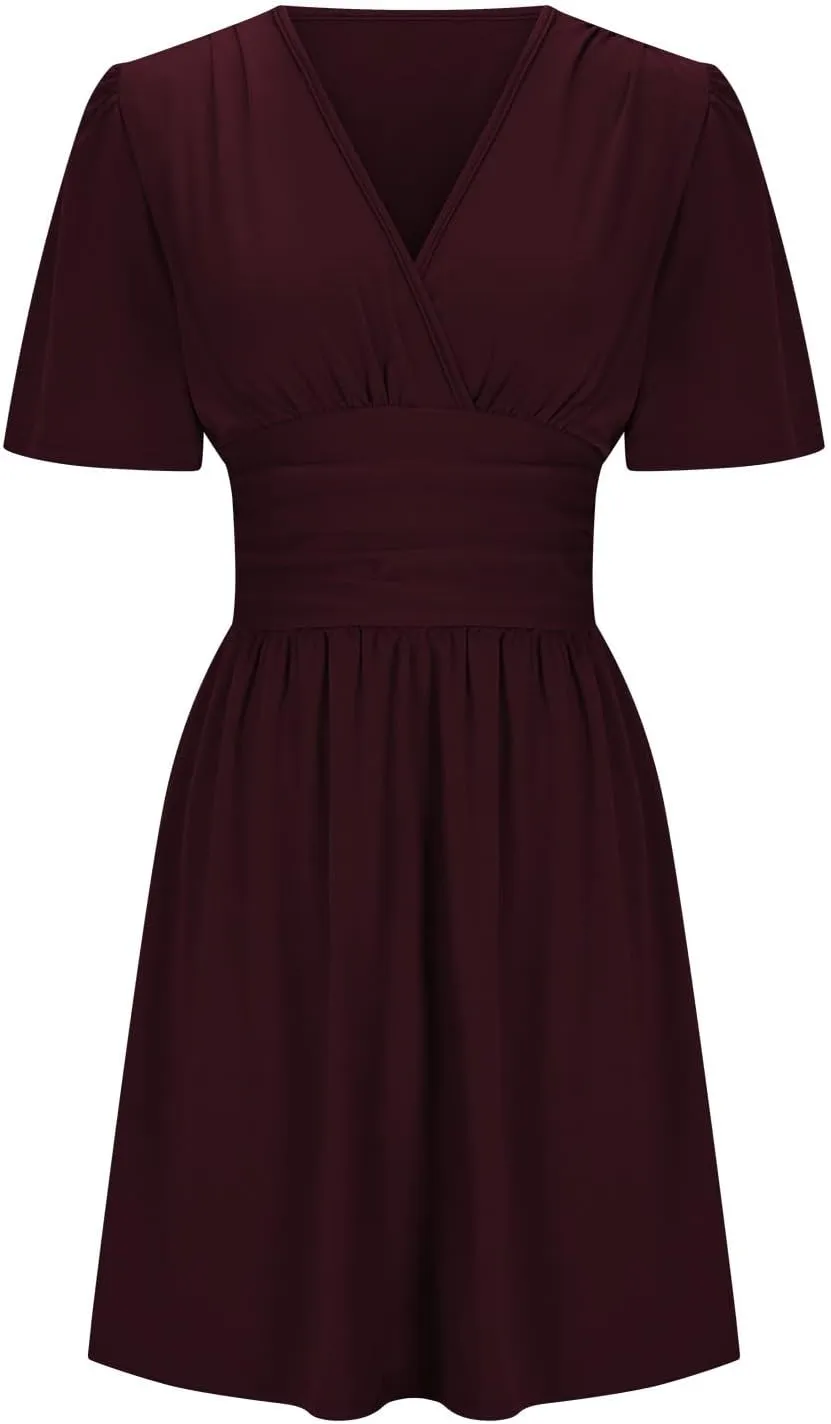 Womens Summer Dresses Ruffle Short Sleeve Wrap V Neck Ruched Waist Pleated A Line Short Mini Dress for Cocktail Party