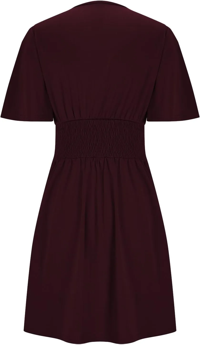 Womens Summer Dresses Ruffle Short Sleeve Wrap V Neck Ruched Waist Pleated A Line Short Mini Dress for Cocktail Party