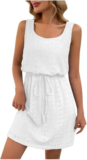 Womens Summer Eyelet Textured Tank Dresses Casual Scoop Neck Sleeveless Elastic Waist Short Mini Dress Beach Sundress