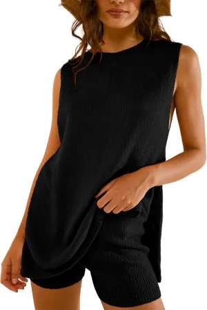 Womens Summer Knit Lounge Sets 2 Piece Sweater Sets Tank Top and Shorts Matching Beach Vacation Outfits