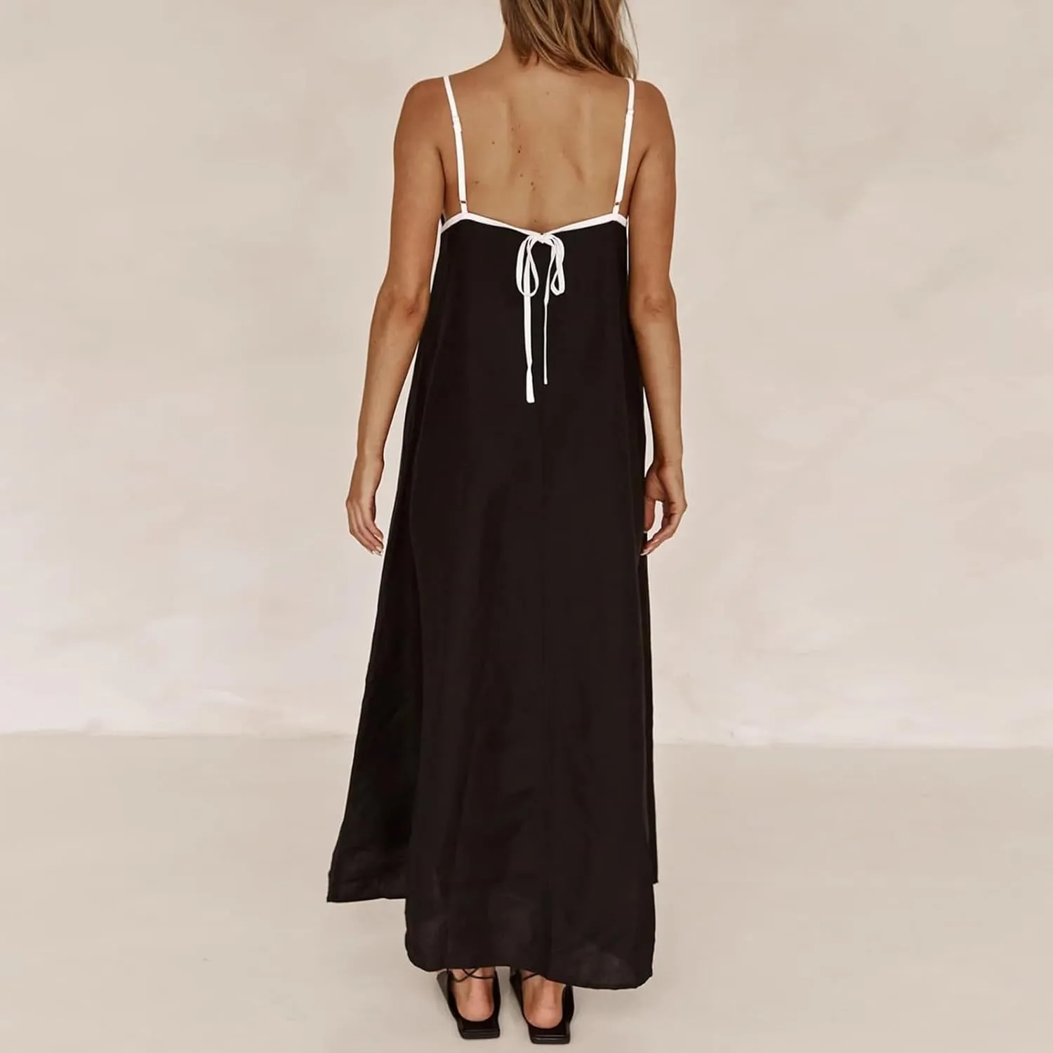 Women's Summer Linen Maxi Dress Contrast Spaghetti Strap Dress Backless Sleeveless Casual Party Beach Flowy Sundress