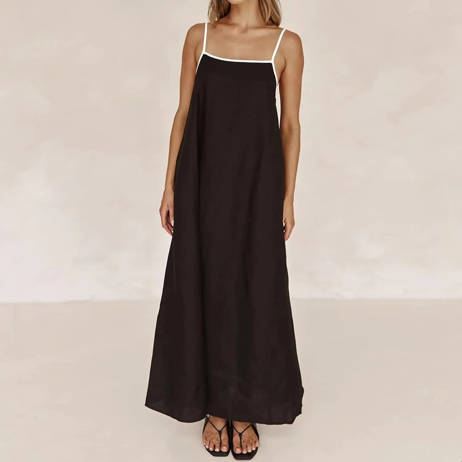 Women's Summer Linen Maxi Dress Contrast Spaghetti Strap Dress Backless Sleeveless Casual Party Beach Flowy Sundress