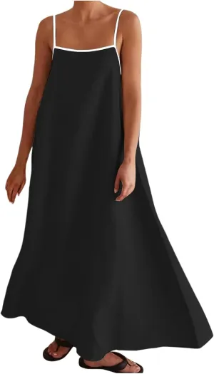 Women's Summer Linen Maxi Dress Contrast Spaghetti Strap Dress Backless Sleeveless Casual Party Beach Flowy Sundress