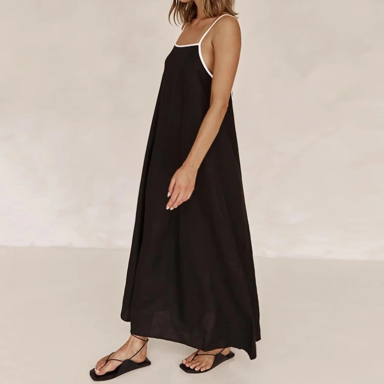 Women's Summer Linen Maxi Dress Contrast Spaghetti Strap Dress Backless Sleeveless Casual Party Beach Flowy Sundress