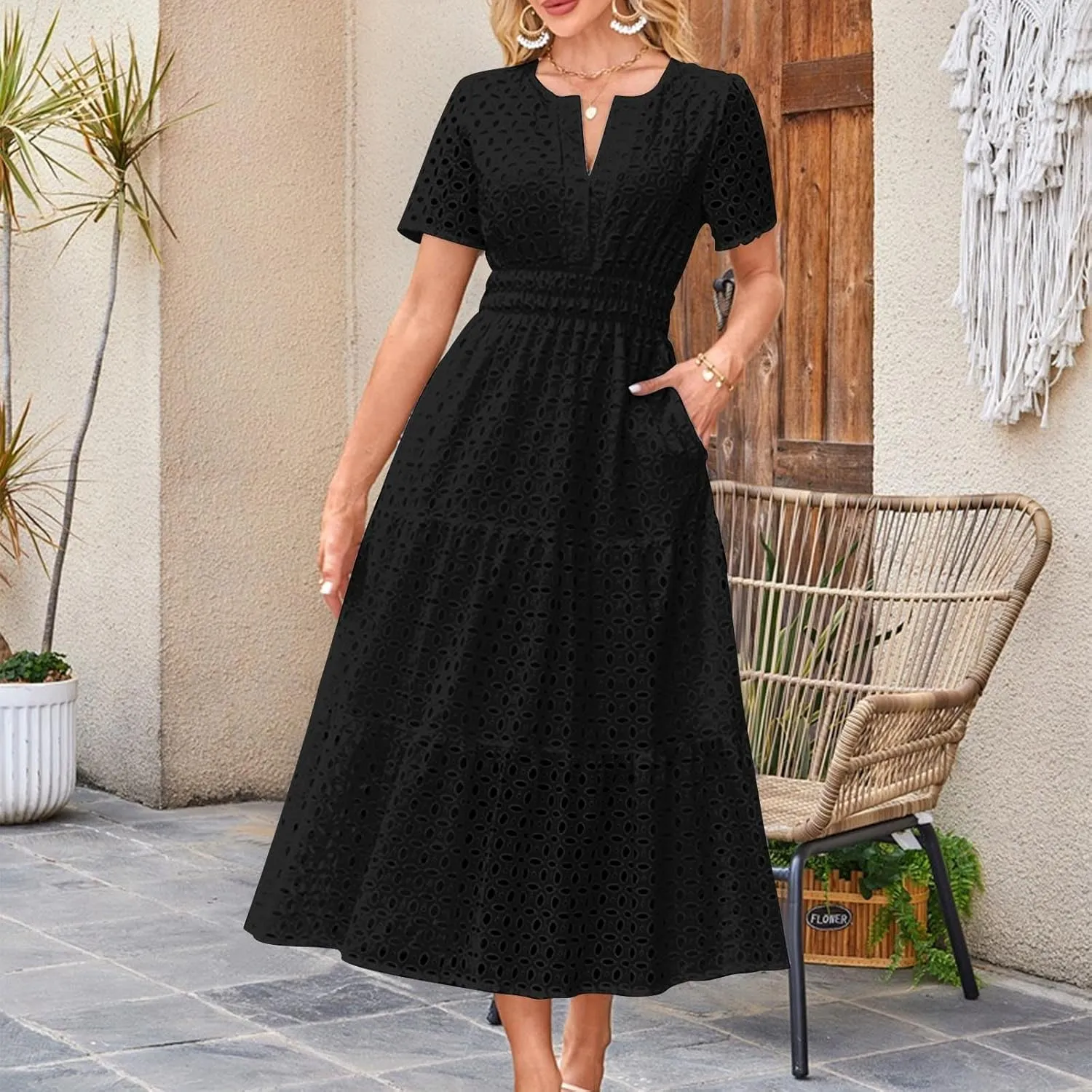 Womens Summer Midi Dresses Short Sleeve V Neck Hollow Out Eyelet Flowy Pleated Tiered A Line Swing Beach Vacation Dress