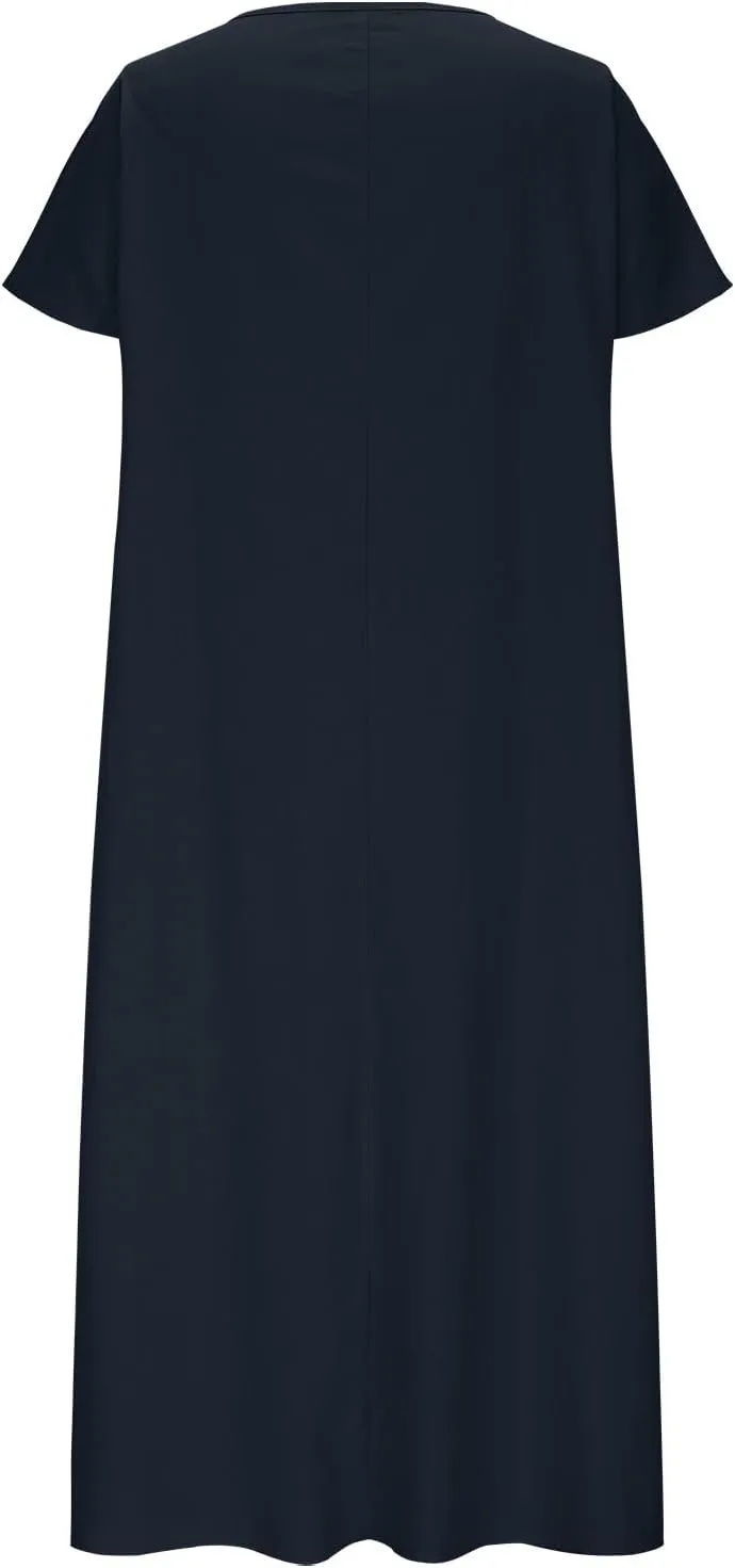 Women's Summer Plus Size Dresses Ladies Casual Short Sleeve Crewneck Pleated Midi Dress with Pockets for Beach Vacation