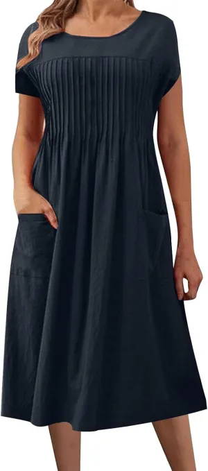 Women's Summer Plus Size Dresses Ladies Casual Short Sleeve Crewneck Pleated Midi Dress with Pockets for Beach Vacation