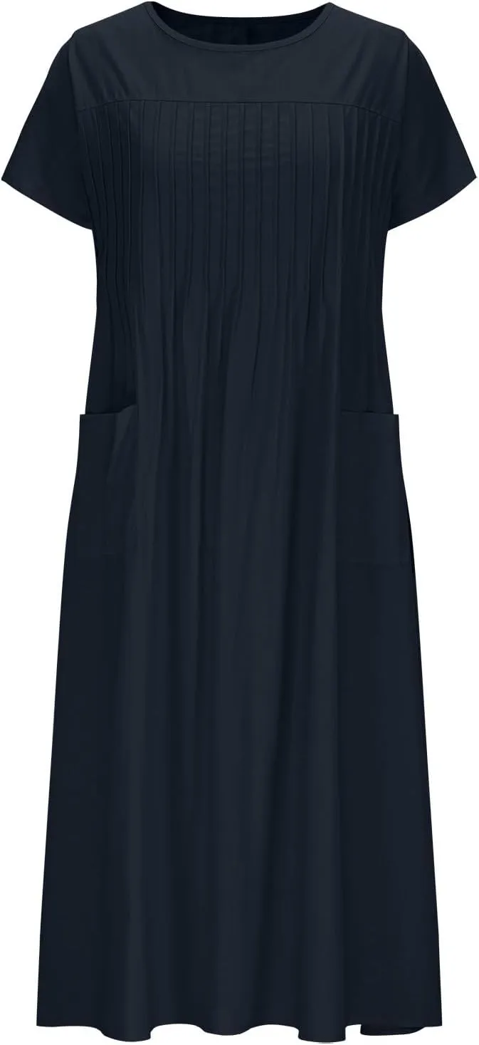 Women's Summer Plus Size Dresses Ladies Casual Short Sleeve Crewneck Pleated Midi Dress with Pockets for Beach Vacation
