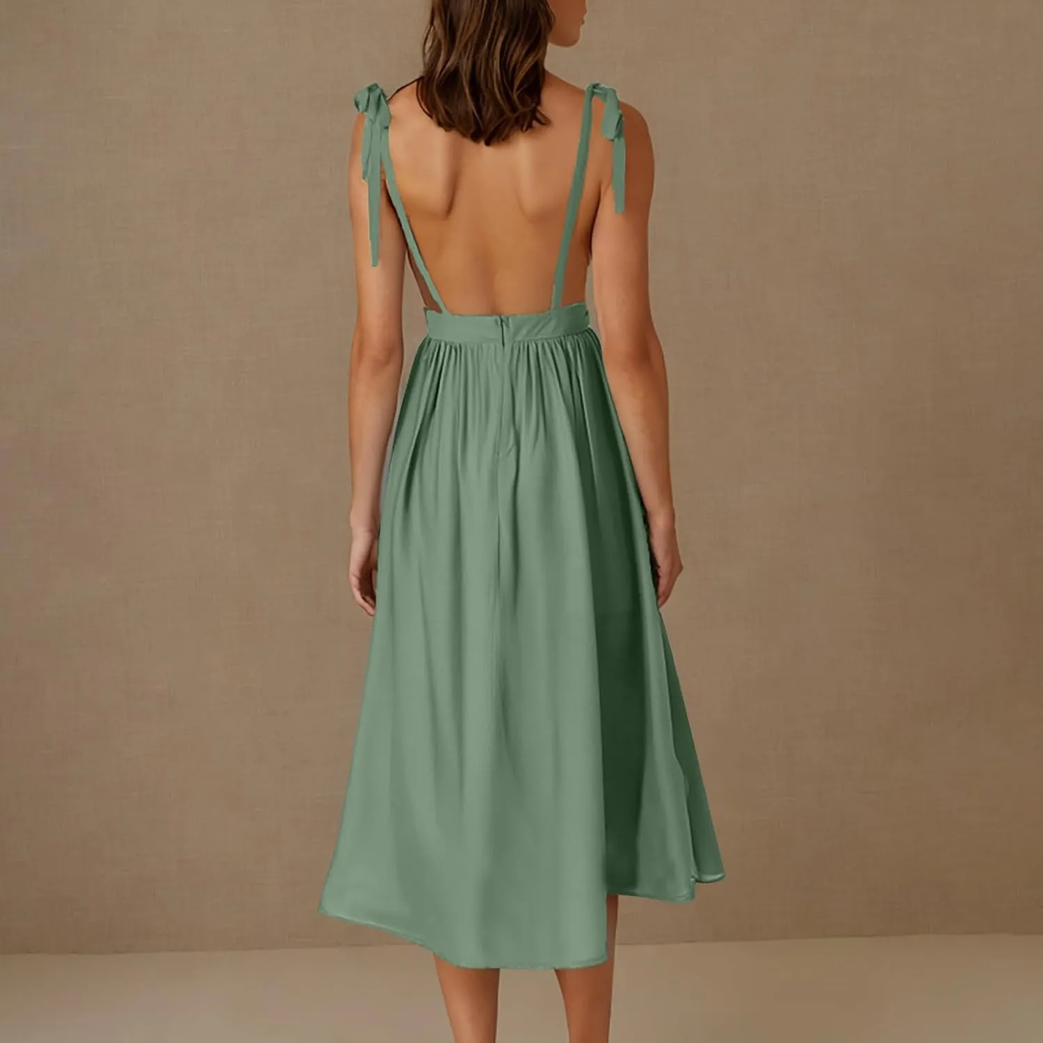 Womens Tie Shoulder Midi Dresses Spaghetti Strap V Neck Backless High Waist Pleated A Line Dress Summer Beach Sundress