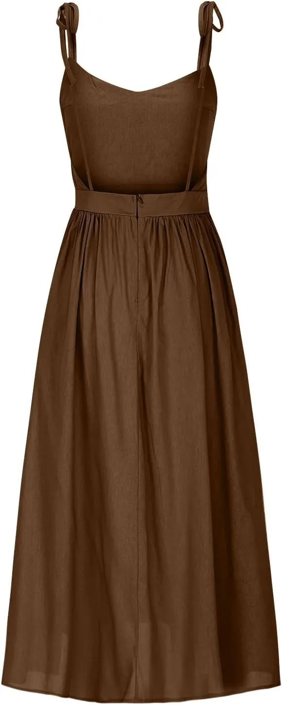 Womens Tie Shoulder Midi Dresses Spaghetti Strap V Neck Backless High Waist Pleated A Line Dress Summer Beach Sundress