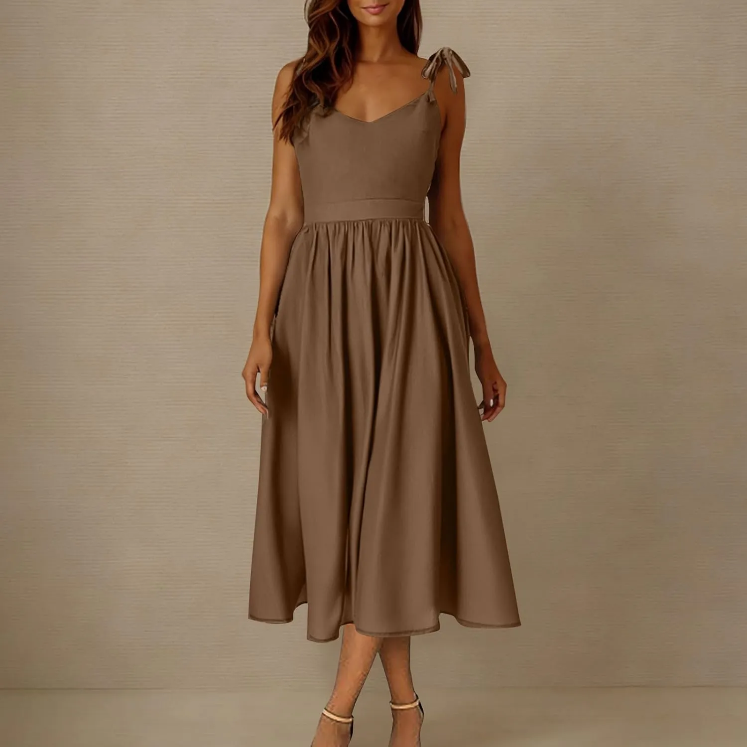 Womens Tie Shoulder Midi Dresses Spaghetti Strap V Neck Backless High Waist Pleated A Line Dress Summer Beach Sundress