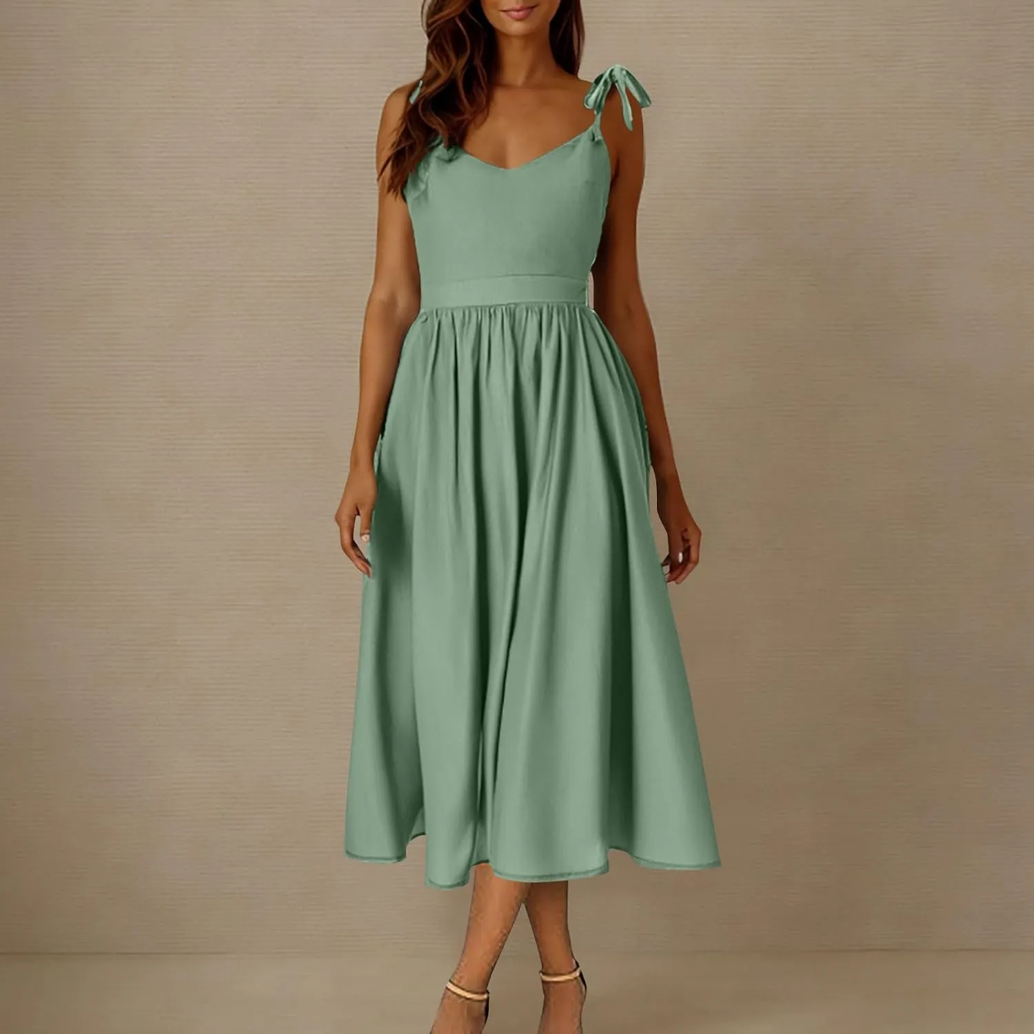 Womens Tie Shoulder Midi Dresses Spaghetti Strap V Neck Backless High Waist Pleated A Line Dress Summer Beach Sundress