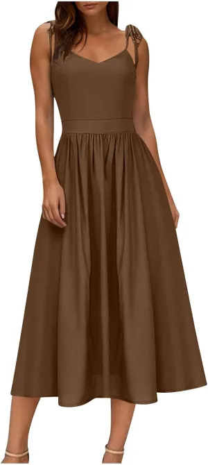 Womens Tie Shoulder Midi Dresses Spaghetti Strap V Neck Backless High Waist Pleated A Line Dress Summer Beach Sundress