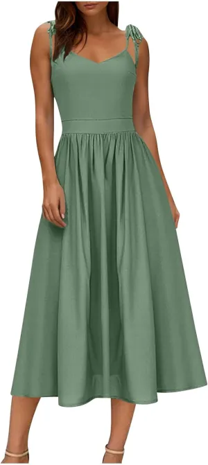 Womens Tie Shoulder Midi Dresses Spaghetti Strap V Neck Backless High Waist Pleated A Line Dress Summer Beach Sundress