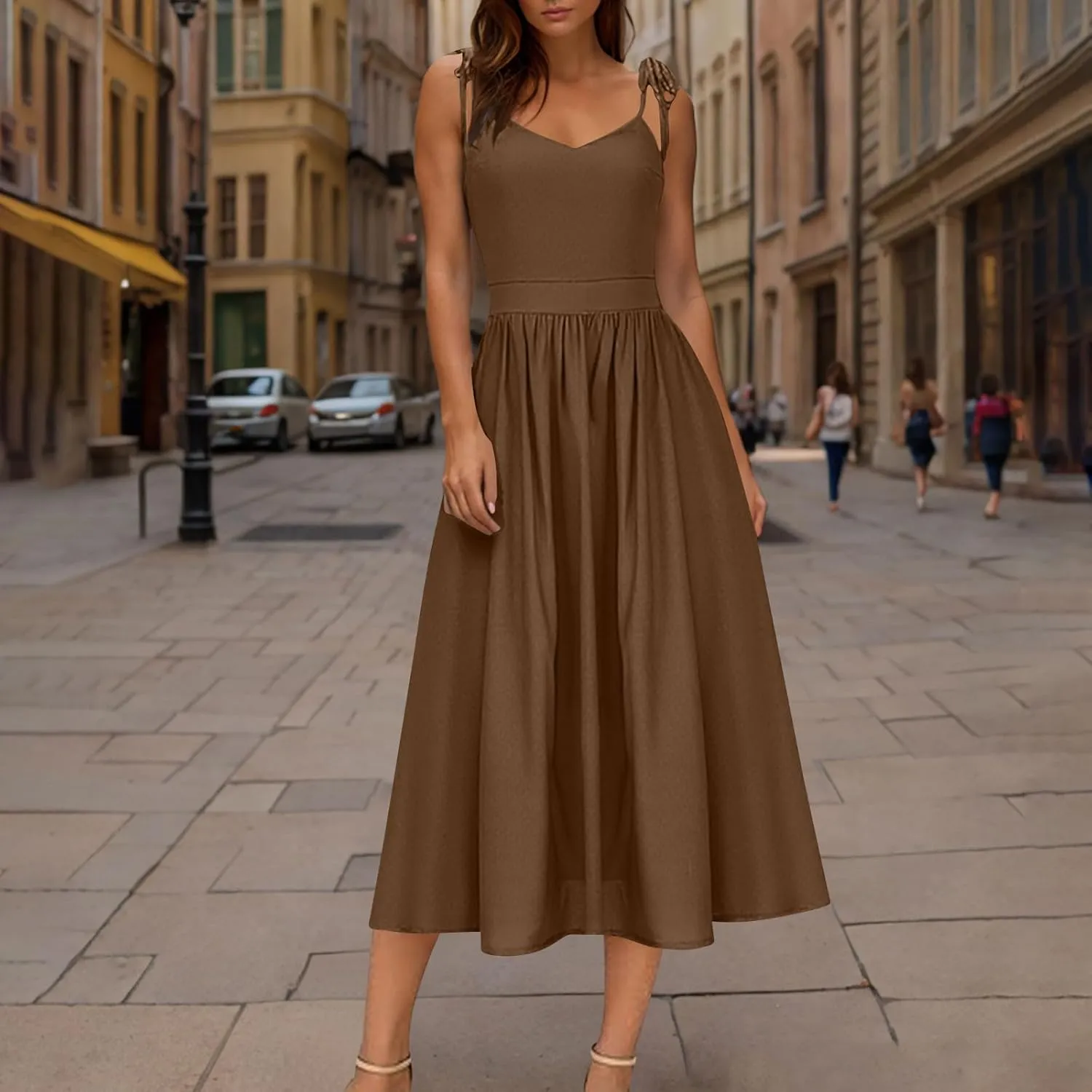 Womens Tie Shoulder Midi Dresses Spaghetti Strap V Neck Backless High Waist Pleated A Line Dress Summer Beach Sundress