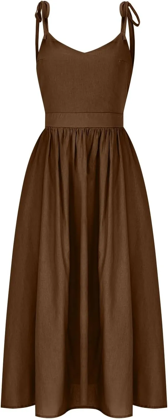 Womens Tie Shoulder Midi Dresses Spaghetti Strap V Neck Backless High Waist Pleated A Line Dress Summer Beach Sundress