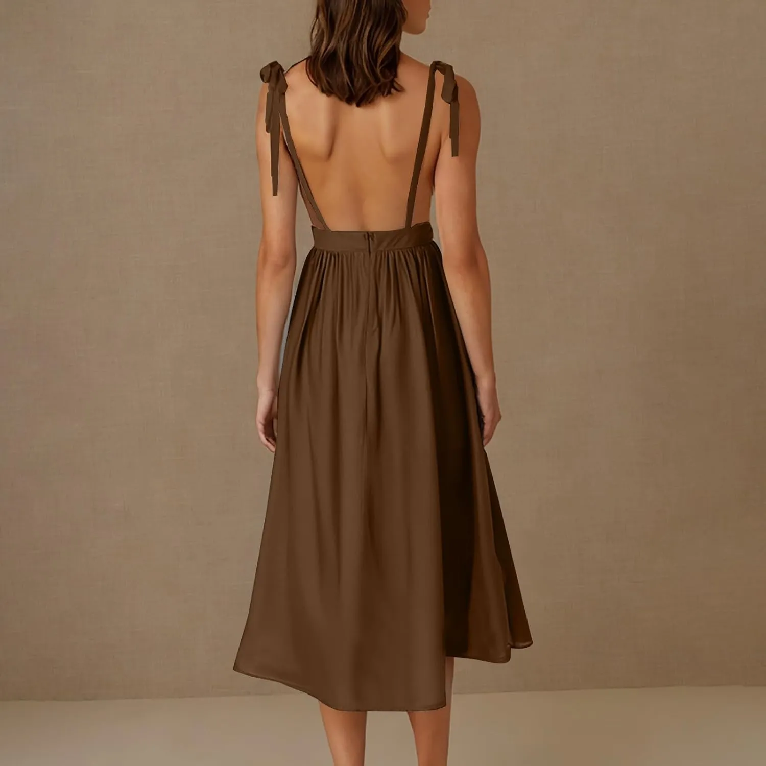 Womens Tie Shoulder Midi Dresses Spaghetti Strap V Neck Backless High Waist Pleated A Line Dress Summer Beach Sundress