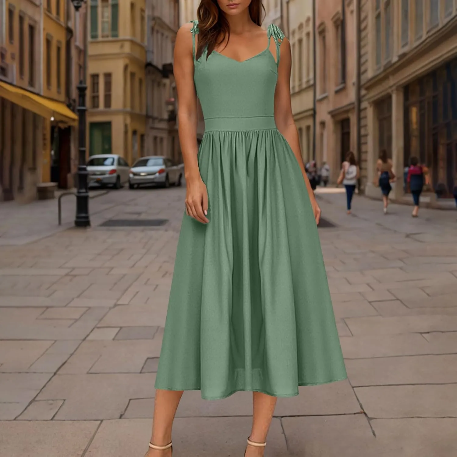 Womens Tie Shoulder Midi Dresses Spaghetti Strap V Neck Backless High Waist Pleated A Line Dress Summer Beach Sundress