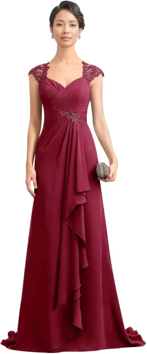 Women's V-Neck Lace Applique Mother of The Bride Dresses A-Line Ruffule Chiffon Formal Gowns and Evening Dresses