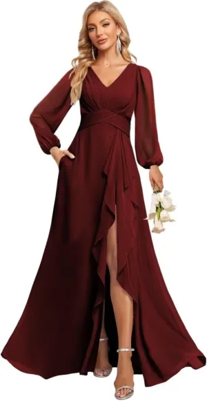 Women's V Neck Ruffle Lantern Sleeve Bridesmaid Dresses with Slit Long Pleated Chiffon Formal Dress with Pockets