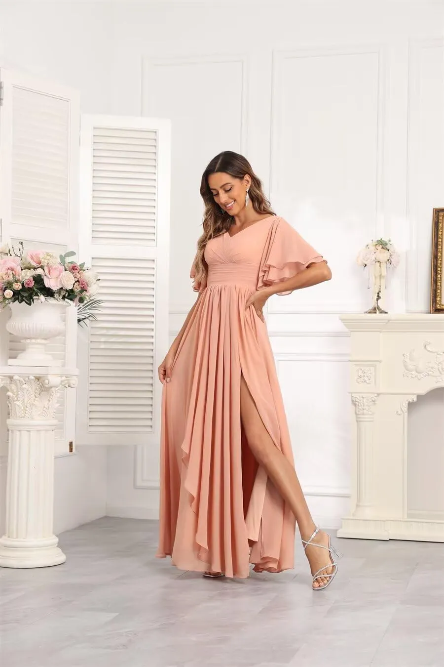 Women's V Neck Short Sleeve Bridesmaid Dresses for Wedding Ruffled Chiffon Evening Formal Gown