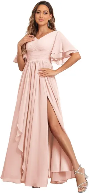 Women's V Neck Short Sleeve Bridesmaid Dresses for Wedding Ruffled Chiffon Evening Formal Gown