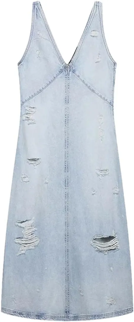 Women's Washed and Worn Holes Denim Sexy Slim V-Neck Sleeveless Backless Vacation Jeans Dress