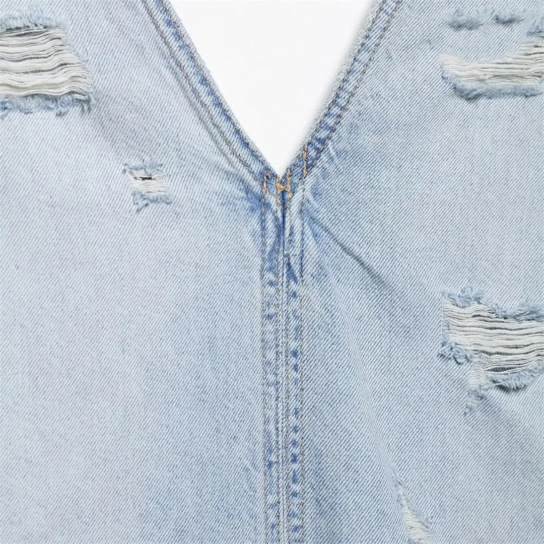 Women's Washed and Worn Holes Denim Sexy Slim V-Neck Sleeveless Backless Vacation Jeans Dress