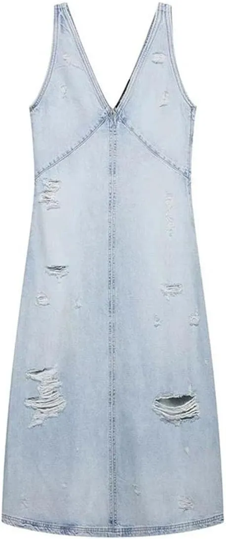 Women's Washed and Worn Holes Denim Sexy Slim V-Neck Sleeveless Backless Vacation Jeans Dress