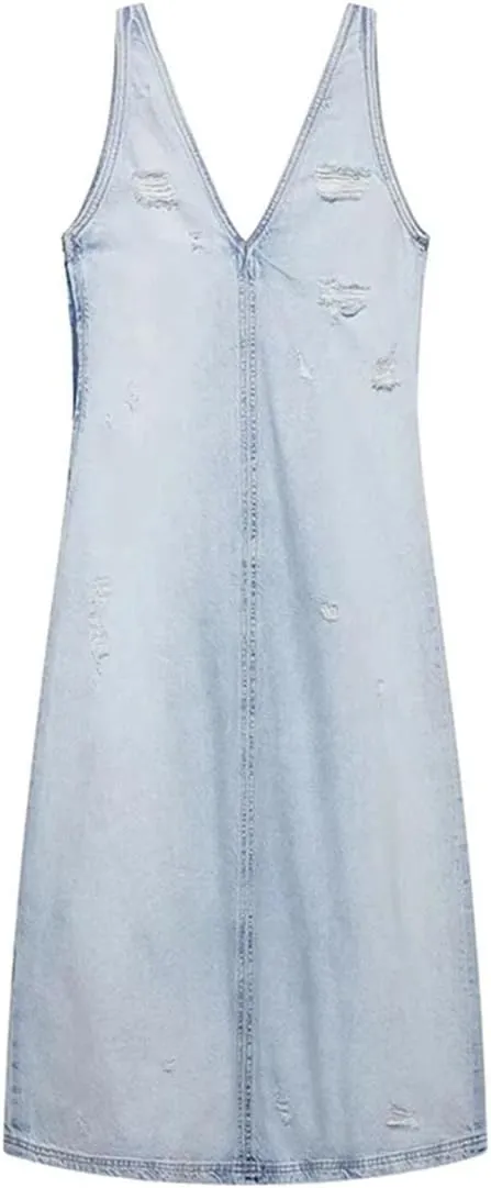 Women's Washed and Worn Holes Denim Sexy Slim V-Neck Sleeveless Backless Vacation Jeans Dress