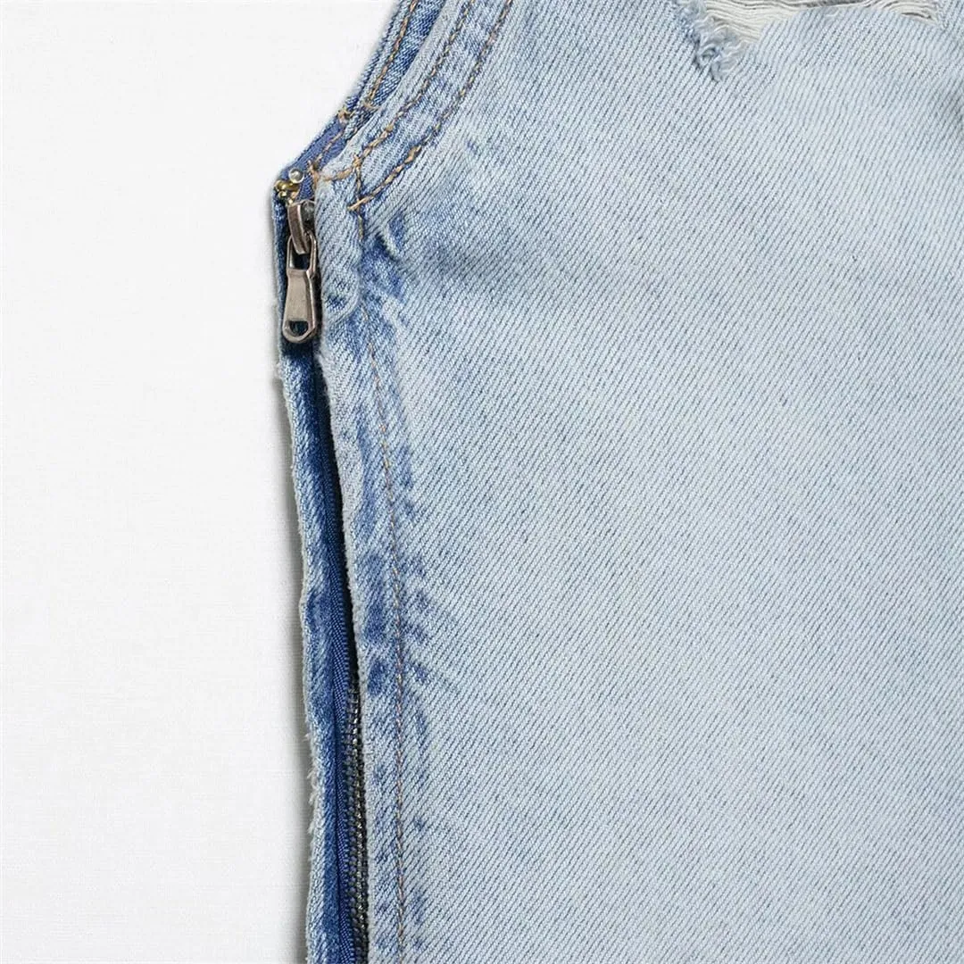Women's Washed and Worn Holes Denim Sexy Slim V-Neck Sleeveless Backless Vacation Jeans Dress