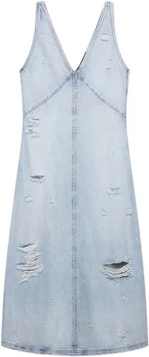 Women's Washed and Worn Holes Denim Sexy Slim V-Neck Sleeveless Backless Vacation Jeans Dress