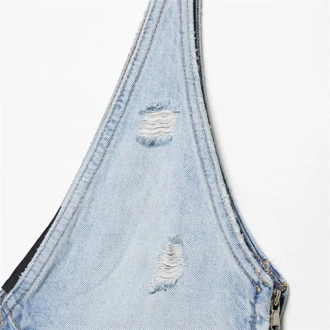 Women's Washed and Worn Holes Denim Sexy Slim V-Neck Sleeveless Backless Vacation Jeans Dress